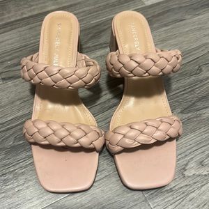 Tan/Pink, open toe, 2 inch block heels with woven straps.